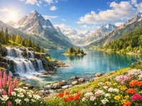 Панорамний гірський пейзаж: бірюзове озеро з маленьким островом