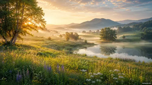 Природа та ландшафти - Тиха сцена Тихий ранковий пейзаж із квітучою галявиною, деревами, туманною