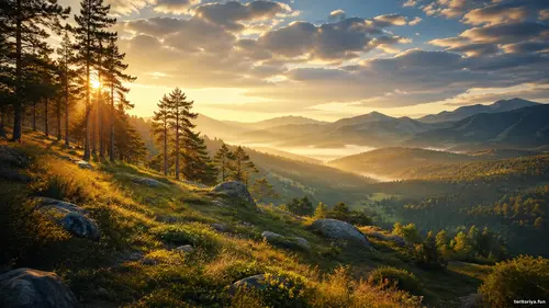 Світло сонця пробивається крізь сосни над туманною гірською долиною