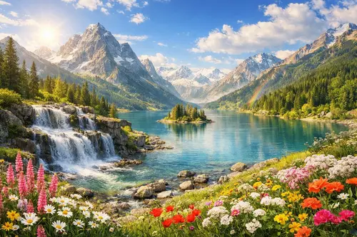 Панорамний гірський пейзаж: бірюзове озеро з маленьким островом