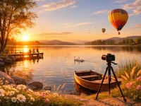 Золота година над озером: захід сонця, човен на березі, камера на...