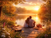 Пара сидить на дерев’яному помості біля озера під час золотої години