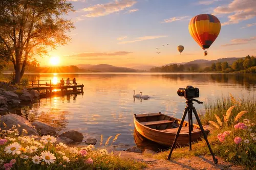 Золота година над озером: захід сонця, човен на березі, камера на...