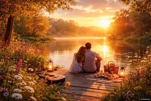 Пара сидить на дерев’яному помості біля озера під час золотої години