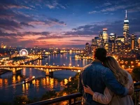 Пара обіймається на оглядовому майданчику над нічним містом