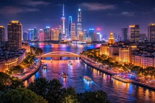 Нічні вогні міста над річкою: панорама хмарочосів, підсвічений міст...