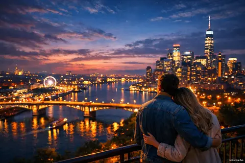 Пара обіймається на оглядовому майданчику над нічним містом