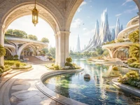 Архітектурний пейзаж у світлих тонах з арками, водою