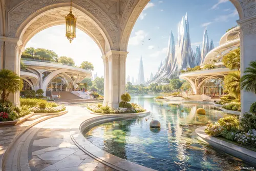 Архітектурний пейзаж у світлих тонах з арками, водою