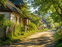 Села й затишок - Світло і тінь Сонячна сільська вуличка з хатинами, дерев’яними парканами, квітами