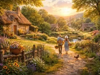 Світла сільська стежка поміж квітучими садами, затишними будинками