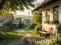 Затишна сільська хатина з квітами, дерев’яною лавкою, зеленою стежкою