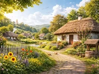 Затишне село з хатою під солом’яною стріхою, квітами біля двору