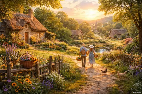 Світла сільська стежка поміж квітучими садами, затишними будинками