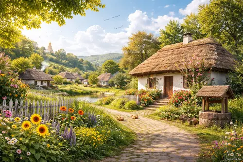 Затишне село з хатою під солом’яною стріхою, квітами біля двору