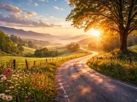 Звивиста сонячна дорога серед квітучих полів, дерев і м’яких пагорбів