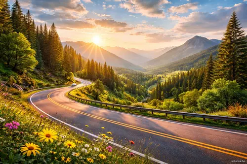 Гірська дорога серпантином на заході сонця, зелена долина та гори