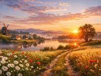Світлий український пейзаж на світанку: річка, польові квіти