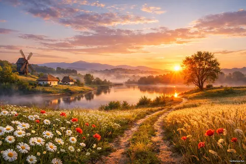 Пейзажі України - Мить, що лишилась Світлий український пейзаж на світанку: річка, польові квіти