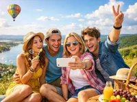 Четверо друзів роблять селфі на сонячному пагорбі з видом на озеро