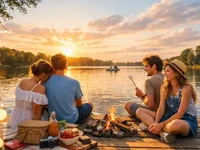 Друзі відпочивають біля озера на дерев’яному пірсі