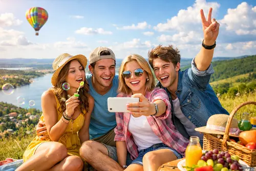 Четверо друзів роблять селфі на сонячному пагорбі з видом на озеро