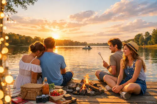 Друзі відпочивають біля озера на дерев’яному пірсі