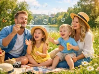 Сім’я з двома дітьми на пікніку біля озера пускає мильні бульбашки