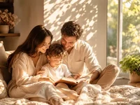 Сім’я читає книгу біля вікна у теплому сонячному світлі