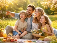 Щаслива родина з чотирьох людей відпочиває на пікніку в сонячному парк