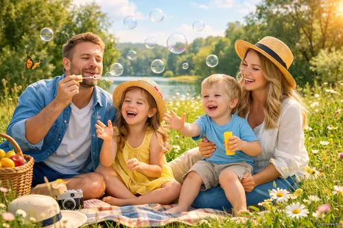 Сім’я з двома дітьми на пікніку біля озера пускає мильні бульбашки