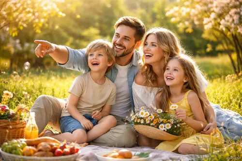 Сімейні спогади - Мить, що лишилась Щаслива родина з чотирьох людей відпочиває на пікніку в сонячному парк