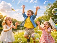 Кадр дня: троє дітей ловлять мильні бульбашки на сонячній галявині