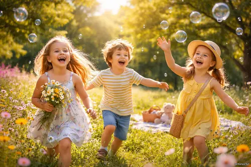 Дитинство в кадр - Мить, що лишилась Діти радісно біжать квітучою галявиною під сонячним світлом