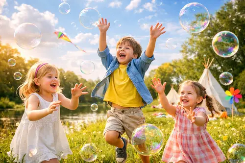 Кадр дня: троє дітей ловлять мильні бульбашки на сонячній галявині