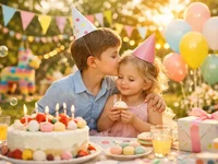 Двоє дітей на святковій вечірці в теплих променях сонця