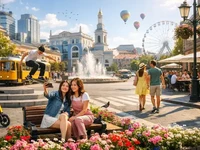 Сонячна міська площа з фонтаном, трамваєм і людьми на прогулянці