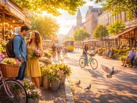 Тепла міська вулиця у вечірньому світлі: закохана пара біля квіткового