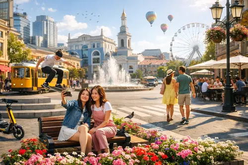 Сонячна міська площа з фонтаном, трамваєм і людьми на прогулянці