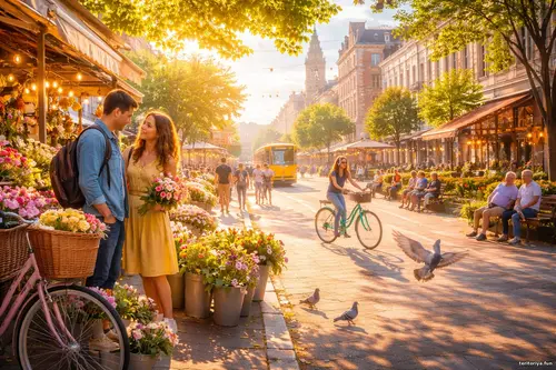 Тепла міська вулиця у вечірньому світлі: закохана пара біля квіткового