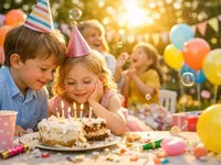 Діти біля святкового торта зі свічками на яскравому дні народження