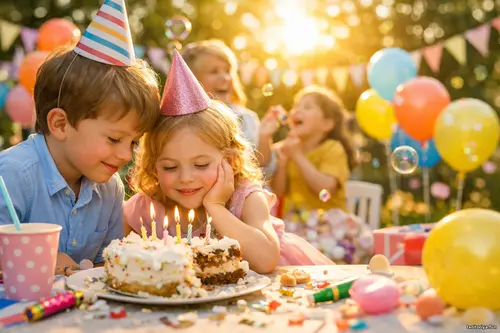 День народження: найкраще - Мить, що лишилась Діти біля святкового торта зі свічками на яскравому дні народження