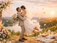 Наречений у світлому костюмі піднімає наречену в білій сукні