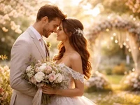 Наречений і наречена ніжно торкаються лобами в сонячному саду