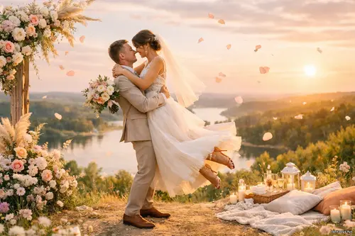 Наречений у світлому костюмі піднімає наречену в білій сукні