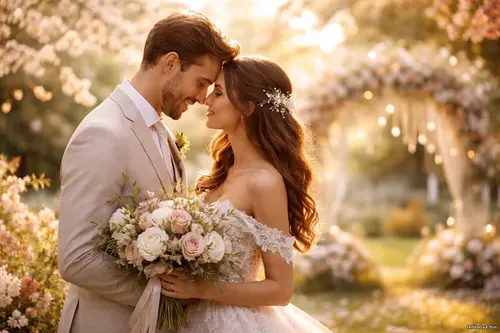 Весілля та любов - Мить, що лишилась Наречений і наречена ніжно торкаються лобами в сонячному саду