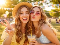 Яскравий портрет двох усміхнених подруг на сонячному фестивалі в парку