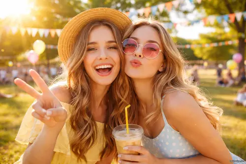 Яскравий портрет двох усміхнених подруг на сонячному фестивалі в парку