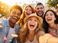 Кадр дня: п’ятеро друзів сміються й роблять селфі на вулиці