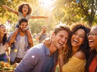 Група людей щиро сміється та обіймається в сонячному парку